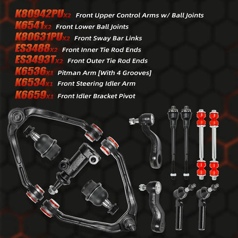 Chevy Silverado Sierra 1500 Front Suspension Kit 13 Piece AWD Beefed Up With Upper Control Arms Lower Ball Joints Sway Bars Tie Rods Replacement For 1999 2006 4WD AWD Trucks, black steel parts