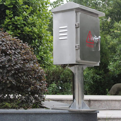 Outdoor IP67 Waterproof Electrical Junction Box In Stainless Steel Floor Mounted Enclosure For Outdoor Projects, Rugged 50cm Height Distribution Box, Dimensions L60 W25 H50cm on post