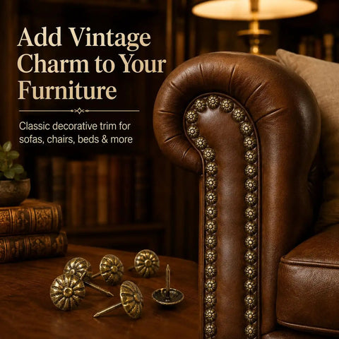 Top Shelf Antique Brass Upholstery Tacks Two Hundred Piece Set on vintage leather sofa arm with decorative trim tacks