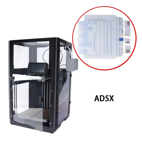 Heavy Duty Transparent Polycarbonate Enclosure For AD5X 3D Printer with clear panels and clean workspace setup.
