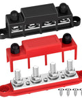 Road Ready Power Distribution Bus Bar With Four M8 Terminal Studs Handles 250 Amps On 12V Systems Built Tough, featuring red and black terminals.