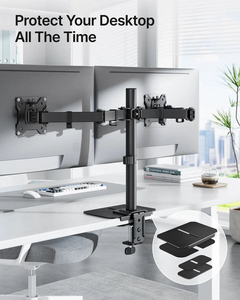 Rock Solid Adjustable Steel Monitor Mount Reinforcement Plate And Desk Stabilizer With Extra Wide Eva Base in a modern office setup.
