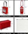 All In One Lockout Tagout Kit For Electrical Safety With Group Lockout Hasps, Lockout Tags, Numbered Padlocks, Nylon Ties And Red Pocket Bag, OSHA Compliant For Maintenance Pros On The Go showing safety padlocks, red nylon hasp, tool bag, and cable ties.
