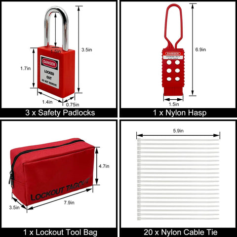 All In One Lockout Tagout Kit For Electrical Safety With Group Lockout Hasps, Lockout Tags, Numbered Padlocks, Nylon Ties And Red Pocket Bag, OSHA Compliant For Maintenance Pros On The Go showing safety padlocks, red nylon hasp, tool bag, and cable ties.