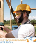 Worker using power tools wearing 200 Pair Pack Ultra Soft Corded Foam Ear Plugs For Sleeping All Night And Loud Noise Reduction