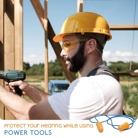 Worker using power tools wearing 200 Pair Pack Ultra Soft Corded Foam Ear Plugs For Sleeping All Night And Loud Noise Reduction
