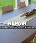 Wood table in dining room with repair text overlay, showcasing Wood Floor And Furniture Scratch Repair Kit With 4 Filler Sticks And 4 Touch Up Markers To Fix Scratches Chips And Dings Blend Colors To Match Finish Restores Worn Edges And Surfaces use.