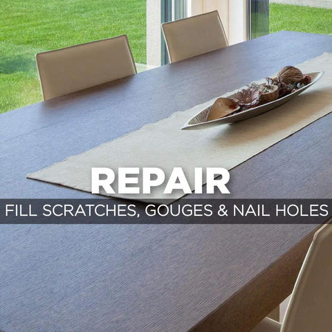 Wood table in dining room with repair text overlay, showcasing Wood Floor And Furniture Scratch Repair Kit With 4 Filler Sticks And 4 Touch Up Markers To Fix Scratches Chips And Dings Blend Colors To Match Finish Restores Worn Edges And Surfaces use.