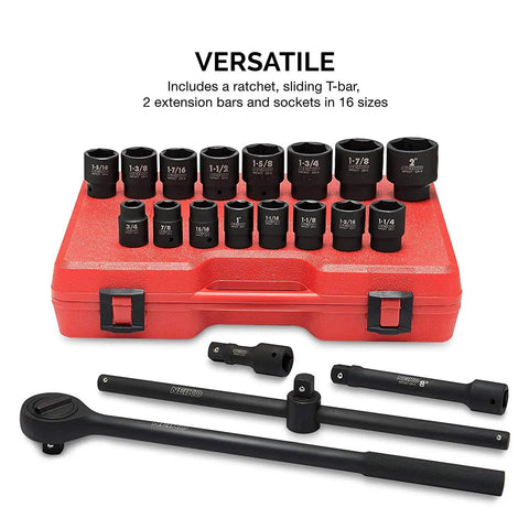 3/4 Inch Drive Jumbo Impact Socket Set, 21 Piece Shallow SAE Sockets From 3/4 Inch To 2 Inch, Heavy Duty Cr-V Steel with red case