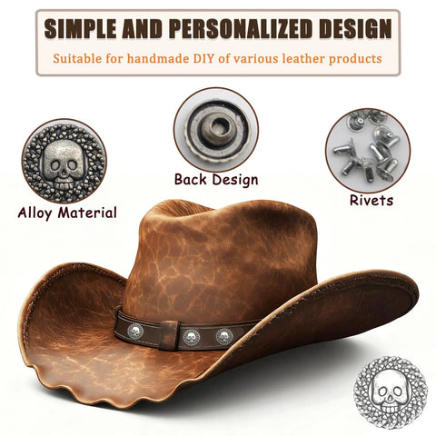 Top Shelf Badass Metal Skull Buttons And Screw Back Rivets For Leather Crafting 100 Pc Bulk Set displayed with a cowboy hat.
