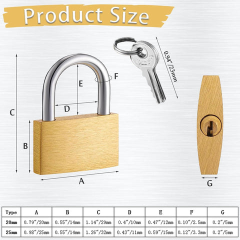 Two Pack Small Solid Brass Padlocks With Keys 20mm And 25mm showing dimensions and key
