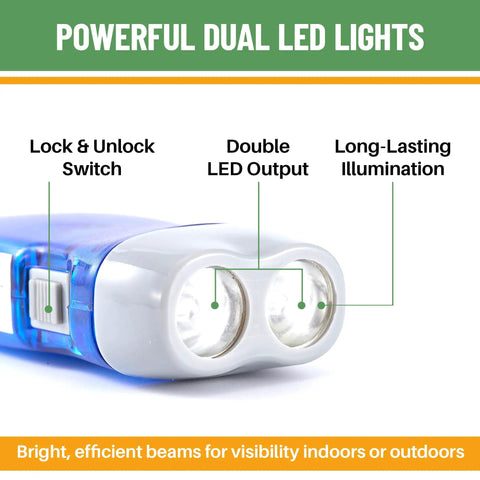 Close-up of Hand Crank Emergency Flashlight Pack 12 Units Rechargeable Crank Light with dual LED beams and lock switch.