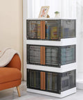No Sweat Organizing With These Heavy Duty Plastic Storage Boxes With Lids, Built Tough 19 Gallon Collapsible Folding Bins For Closets And Garages Stackable Home Organization Crates 3 Pack, stacked with items visible