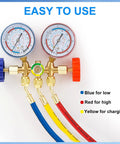 Three Piece Six Foot AC Manifold Hose Kit For R410A R134A R404A R22 With One Quarter SAE Female Flare, Four Layer Vacuum Hoses, Eight Hundred PSI Working Pressure, Pro Grade Heavy Duty Air Conditioning Charging Kit, manifold gauges with blue red yellow hoses