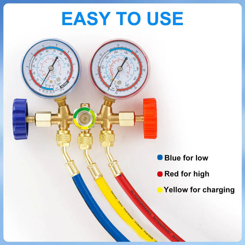 Three Piece Six Foot AC Manifold Hose Kit For R410A R134A R404A R22 With One Quarter SAE Female Flare, Four Layer Vacuum Hoses, Eight Hundred PSI Working Pressure, Pro Grade Heavy Duty Air Conditioning Charging Kit, manifold gauges with blue red yellow hoses
