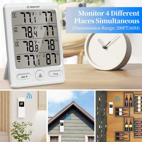 Remote Outdoor Sensor With LCD Display For Wireless Weather Station Replacement, Indoor Outdoor Thermometer shown on desk and installed outdoors.