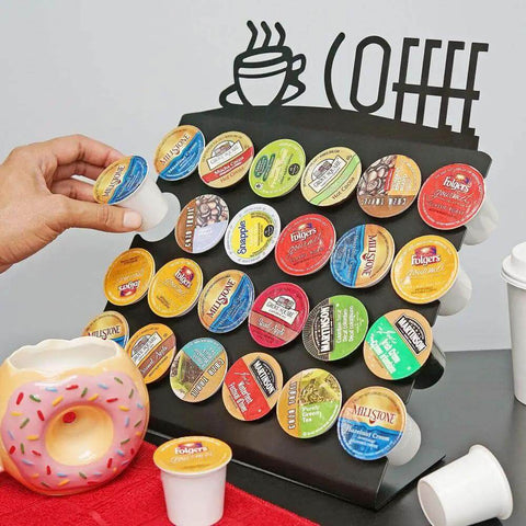 Space Saving K Cup Pod Holder For Countertop Holds 24 Coffee Pods In A Sleek Black Metal Display Stand Durable And Grab And Go Coffee Organizer Rack For K Cups