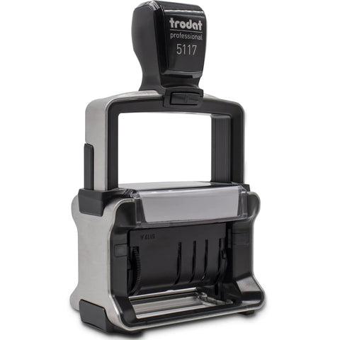 Heavy Duty Self Inking Stamp With Dual Color Blue Red Ink, Preloaded Office Messages And Built In Dater, clear view of its durable frame.
