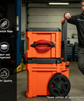 Heavy Duty Cord Organizer For Side Rail Toolbox, Cable And Hose Holder on orange toolbox with man standing beside in garage