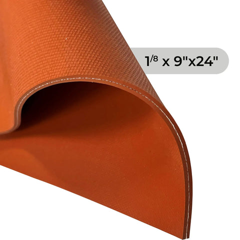 Red Fiber Reinforced Silicone Sheet One Eighth Inch Thick By Nine By Twenty Four Inches High Temp 70A Gasket Material, curled edge