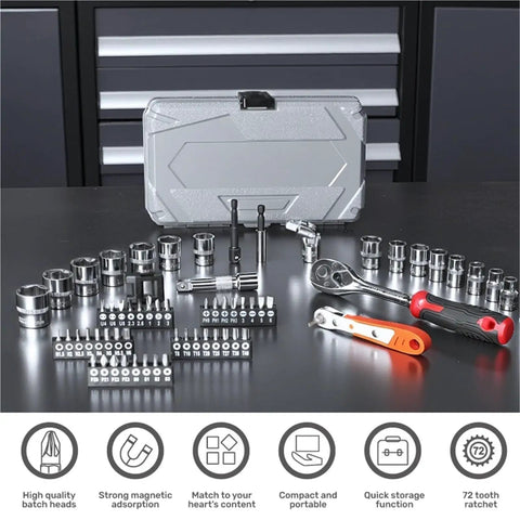 Pro Grade 64 Piece Socket And Bit Set With Three Eighths Inch Drive, 72 Tooth Ratchet Wrench Kit In Cr V Steel displayed with case