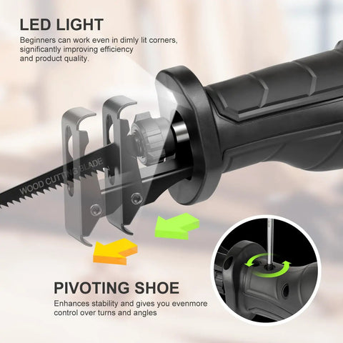 Close-up of 900W Reciprocating Saw with variable speed, LED work light, adjustable angle, and pivoting shoe for enhanced control.