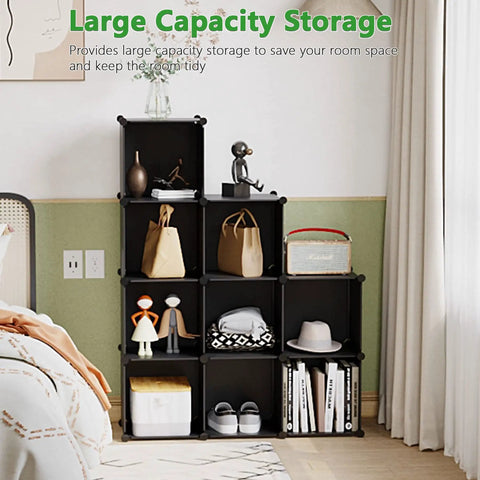 Nine Cube Storage Shelf For Easy Organization, DIY Stackable Bookcase, Plastic Closet Organizer And Modular Shelving Unit, black