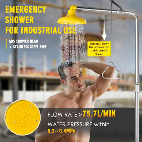 Shop Floor Tested Emergency Shower And Eye Wash Combo OSHA Approved ANSI Standard 304 Stainless Steel Wall Mount With Bold Caution Decal Top Shelf Safety Gear Built For Industrial Workplaces And Retail Shops