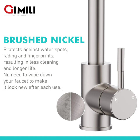 Close-up of Bar Sink Faucet Single Hole Brushed Nickel Modern Wet Look For Small Kitchen Farmhouse RV Camper Outdoor Utility
