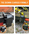 Beefy 4 Pack 16200 Lb Trailer Stake Pocket D Ring Tie Downs securing cargo on flatbed with yellow straps, black metal anchors visible.
