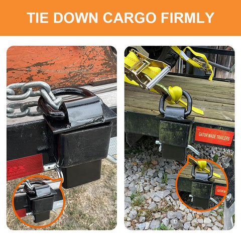 Beefy 4 Pack 16200 Lb Trailer Stake Pocket D Ring Tie Downs securing cargo on flatbed with yellow straps, black metal anchors visible.