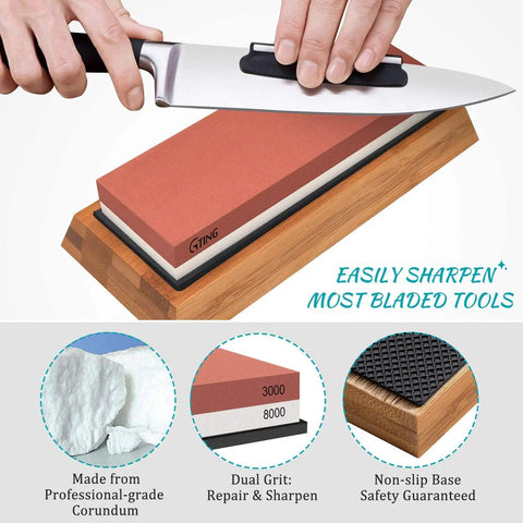 All In One Knife Sharpening Kit With Dual Grit Wet Stone System 400 1000 And 3000 8000 Flattening Stone Angle Guide Non Slip Bamboo Base
