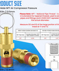 Two brass 1/4 in NPT air compressor pressure relief valves for tank pop-off, front and side views