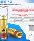 Two Pack One Quarter Inch NPT Male Brass Air Compressor Pressure Relief Valves, 200 PSI Overpressure Safety Valve For Tanks, diagram.