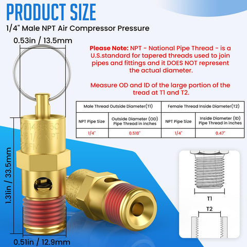 Two Pack One Quarter Inch NPT Male Brass Air Compressor Pressure Relief Valves, 200 PSI Overpressure Safety Valve For Tanks, diagram.
