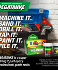 Pegatanke Two Part Epoxy Resin And Cold Weld Adhesive with product box and containers for gas tanks, 1.48 oz, on workbench.
