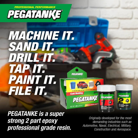 Pegatanke Two Part Epoxy Resin And Cold Weld Adhesive with product box and containers for gas tanks, 1.48 oz, on workbench.