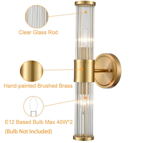 Mid Century Brass Glass Rod Wall Sconces With Two Lights Vanity Light Fixtures For Bedroom Hallway Living Room Modern Vintage Vibe