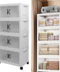 Heavy Duty Four Tier Wheeled Storage Cart With Lids Stackable Foldable Plastic Organizer Bins in a closet, organized with towels.