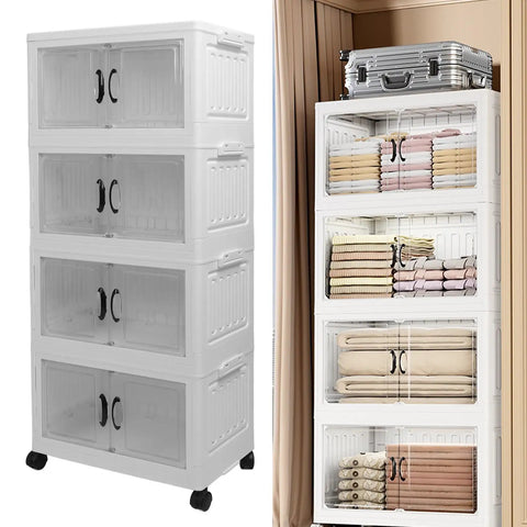 Heavy Duty Four Tier Wheeled Storage Cart With Lids Stackable Foldable Plastic Organizer Bins in a closet, organized with towels.