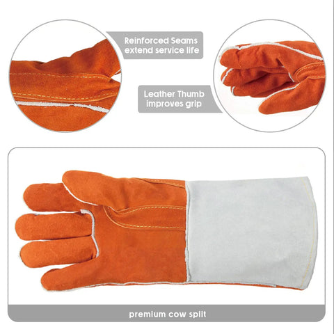 Premium 13 Inch Leather Forge Welding Gloves With Aramid Stitching And Split Leather Shell Heat Resistant Up To 212F Protects Against Flames Sparks And Spatter Large Size One Pair showing reinforced seams and leather thumb detail.