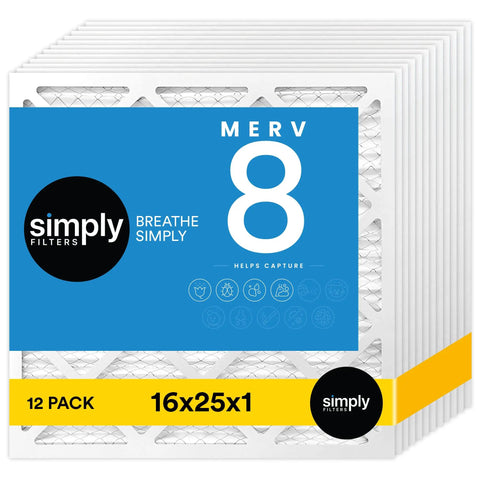 12-pack of 16x25x1 Air Filter For HVAC MERV 8 MPR 600 with packaging displayed, universal fit for dust and pet dander control.