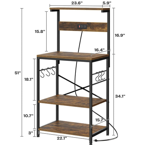 Kitchen Bakers Rack With Power Outlet And Coffee Bar Table Four Tier Space Saving Microwave Stand With Six S Shaped Hooks