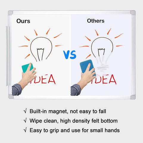 Comparison of erasing effectiveness on whiteboard with Magnetic Whiteboard Erasers 48 Pack For Kids And Classrooms, green eraser shown.