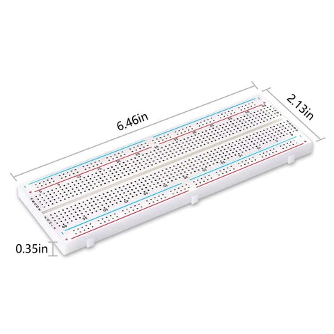All In One Arduino Starter Kit For DIY Makers With Three 830 Tie Point Breadboards 600 Resistors showing a single breadboard with dimensions.