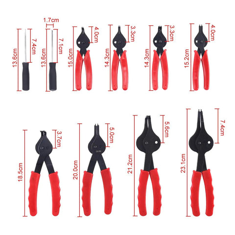 10 Piece Snap Ring Pliers Set For Internal And External Circlip Pliers Retaining Ring Pliers Quick Conversion Thumbscrew With Pivoting Jaws Pro Grade Heavy Duty Tool Kit For Cars Trucks Motorcycles And More, red handles, various sizes