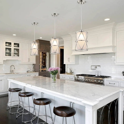 Modern Cylindrical Pendant Light With Frosted Glass Shade In Brushed Nickel For Kitchen Island Lighting Hanging Over Island Foyer And Dining Room Soft Warm Glow And Sleek Contemporary Vibe Easy Install