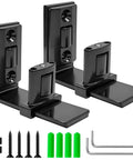Sliding Barn Door Floor Guide And Wall Mount Set with Adjustable U Shape Flexible Flush Design in black, includes screws and tools.