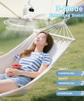 Person relaxing in hammock with Ultra Portable Camping Fan With 10400mAh Battery, USB Rechargeable Tent Fan above.