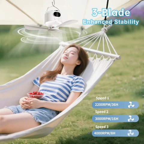 Person relaxing in hammock with Ultra Portable Camping Fan With 10400mAh Battery, USB Rechargeable Tent Fan above.